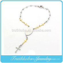 TKB-B0086 Factory New Item Gold Plated Cross Polish Silver Beads Link Religious Virgin Mary Accessories Stainless Steel Bracele